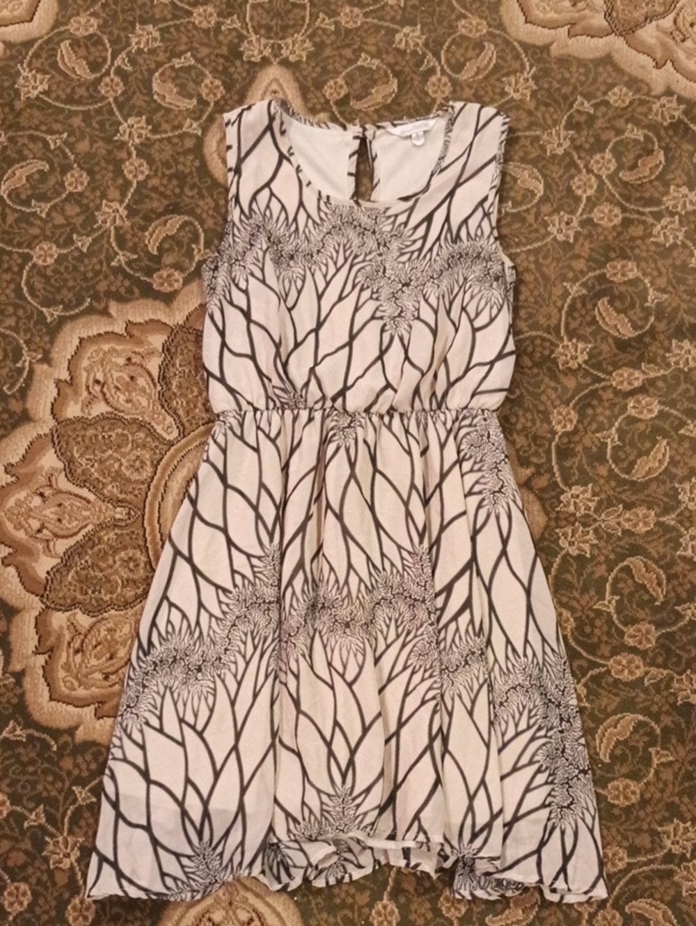 Sleeveless White Dress with Black Botanical Print